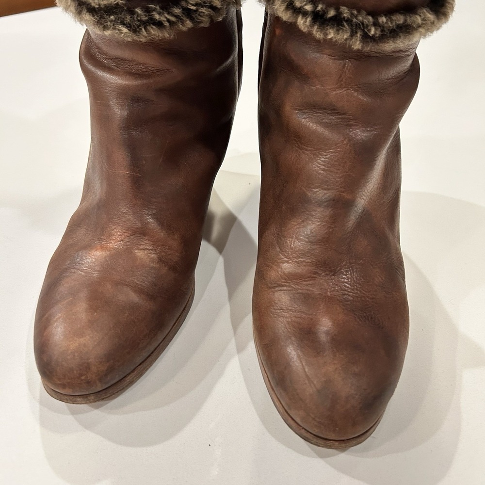 Henri Cuir Long Boots Rare Brown Leather Side Zip Fur Trim Wedge Heel Size 7 38 - Picture 3 of 13
